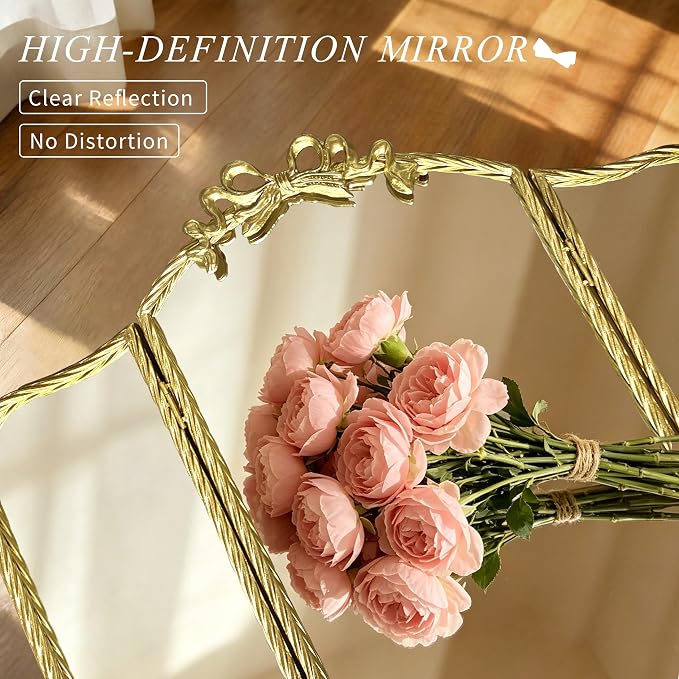 Gold Trifold Vanity Mirror Bow Top, 3-Way Makeup Mirror, Wall Mirrors for Entryway, Dresser Mirror for Bedroom, Wall Mirrors over Bathroom Sink, Decorative Mirror for Mantle, Wall-Mount Tabletop