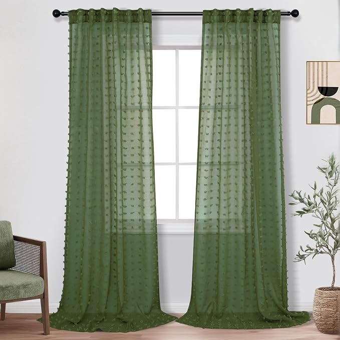 Olive Green Sheer Curtains 108 Inch Long Boho Pom Pom Pattern Design Curtain for Bedroom Living Room Farmhouse Sheer Baby Nursery Christmas Green Window Drapes Back Tab 52x108 Inch Length Set of 2