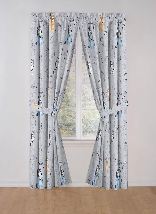 Jay Franco Window Curtains for Kids Bedroom 4-Piece Drape Set with 2 Tiebacks, Grey - Bluey, 42" W x 84" L (Pack of 2)