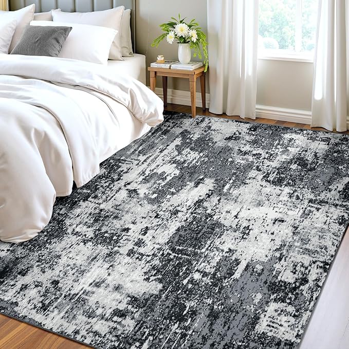 RELEANY Washable Area Rugs 4'x6' Non-Slip Modern Abstract Soft for Living Room Entryway Bedroom Kitchen, Print Pattern, Black Navy Blue Gray