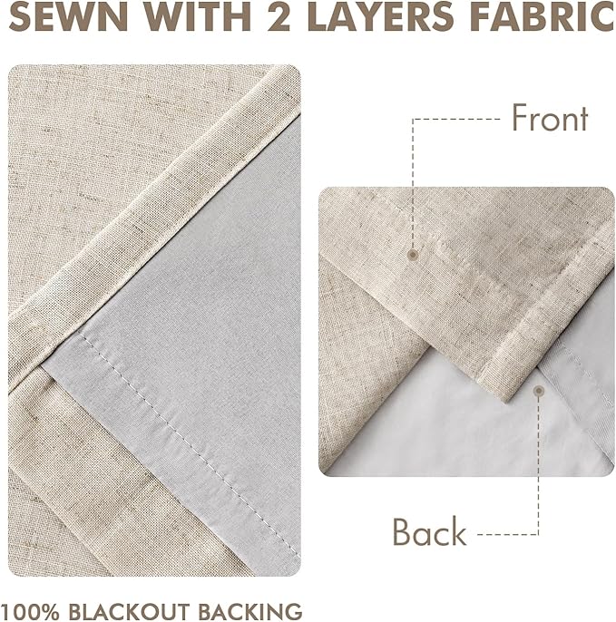 MIULEE Beige Pinch Pleated 100% Blackout Linen Curtains 90 Inch Length 2 Panels Set, Black Out Memory Trained Pleat Curtains Light Blocking Room Darkening Drapes for Bedroom Living Room Window