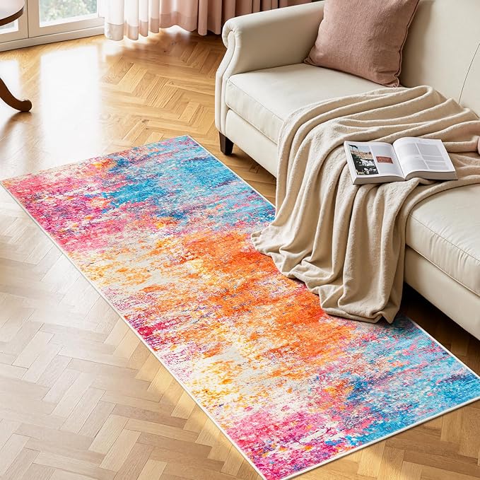 Rugflix 2x6 Runner Rug for Entryway, Kitchen Rugs Soft Non-Slip Washable Runners for Hallway, Abstract Small Carpet with Non-Slip Backing for Bedroom, Living Room, Rainbow