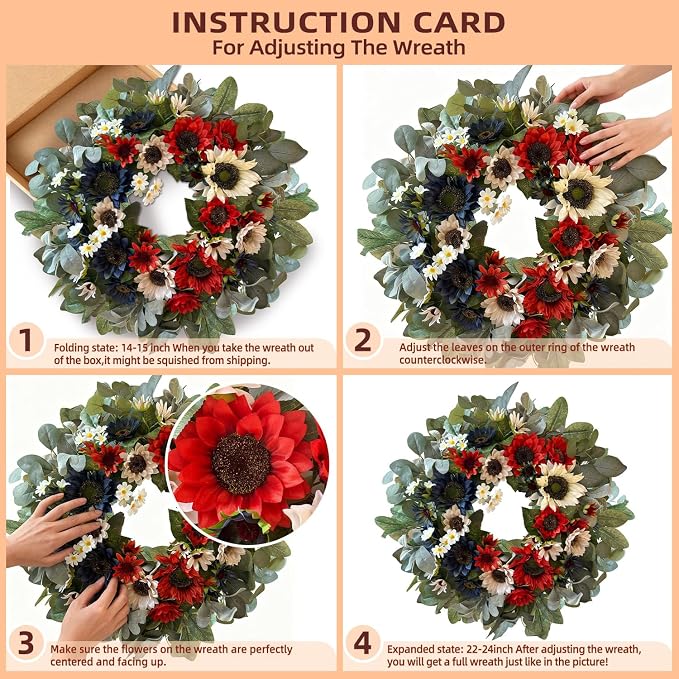 WANNA-CUL 24 Inch Patriotic Sunflower Wreath 4th of July Front Door Wreath | Red White Blue Summer Memorial Day Independence Day Labor Day Wreath for Indoor Outdoor Holiday Decor
