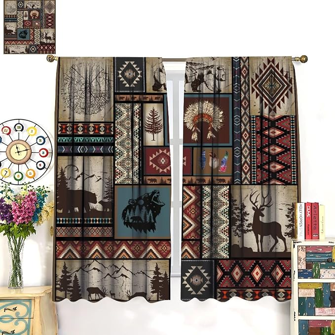Rustic Cabin Curtains for Kitchen Country Retro Aztec Southwest Native American Farmhouse Woodland Wildlife Camping Window Treatments for Farmhouse Bedroom Living Room 42x45in