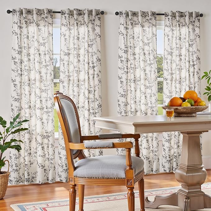 jinchan Black Floral Linen Curtains 84 Inch Rustic Drapes Back Tab 2 Panels | Black on beige, light filtering, semi sheer, farmhouse, country, privacy, flower, bedroom, living room, window treatment