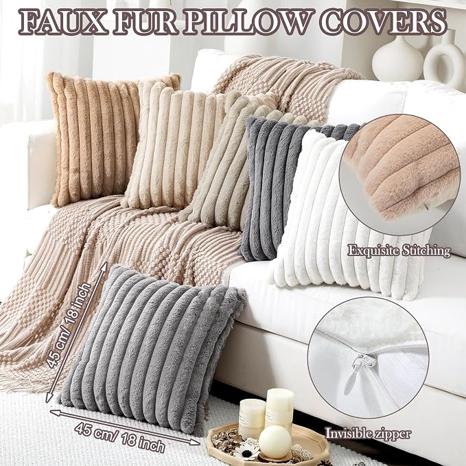 Mixweer 6 Pcs Neutral Faux Fur Plush Throw Pillow Covers 18x18 Inch Soft Fluffy Decorative Striped Pillow Covers with Velvet Back for Sofa Bed Cushion, Boho Rustic Farmhouse Modern Home Decor