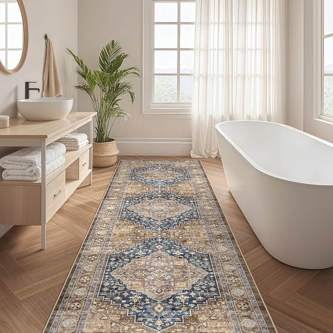 Runner Rug Kitchen Washable Rugs: 3x8 Non-Slip Boho Vintage Stain Resistant Indoor Neutral Farmhouse Throw Carpet for Hallway Bathroom Laundry Room Entryway Bedroom- Yellow Blue