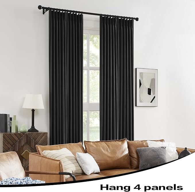 Black Linen Pinch Pleated Blackout Curtains & Drapes 105 Inch Long 2 Panel Sets, Accordion Style Track Room Darkening Thermal Insulated Curtains with Hooks Back Tab 50 by 105 Inch