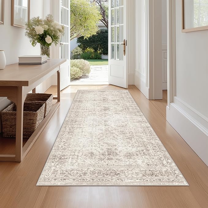 FMFUNCTEX 2x12 Runner Rug Beige Washable Vintage Neutral Distressed Non Slip Low Pile Indoor Carpet Retro Floral Hallway Entryway Rug for Kitchen Living Room Bedroom Bathroom Laundry Entry Bedside