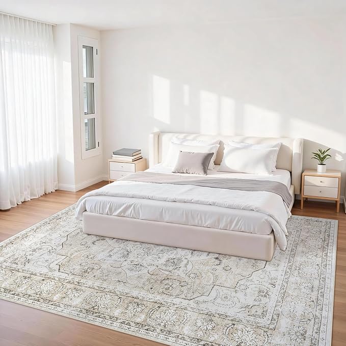 6x9 Area Rugs for Living Room:Beige Washable Vintage Medallion Carpet Non-Slip Soft Low Pile Large Rugs Indoor Retro Rug for Bedroom Nursery Dining Table Office Home(Beige White, 6'x9')