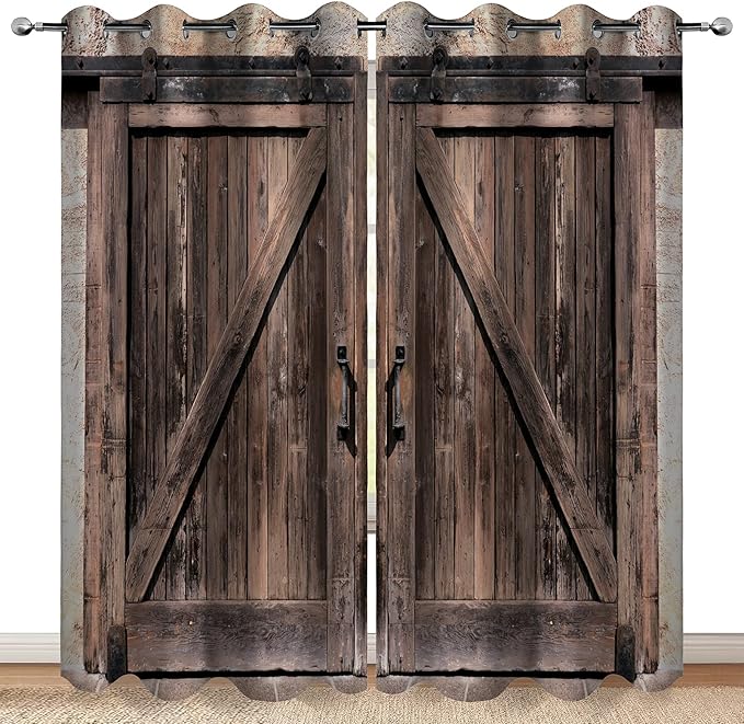 MissHope Rustic Wooden Barn Door Blackout Curtains Vintage Brown Wood Door Farmhouse Country Decor for Home Bedroom Living Room Grommet Window Drapes 2 Panels, 52x84 Inch