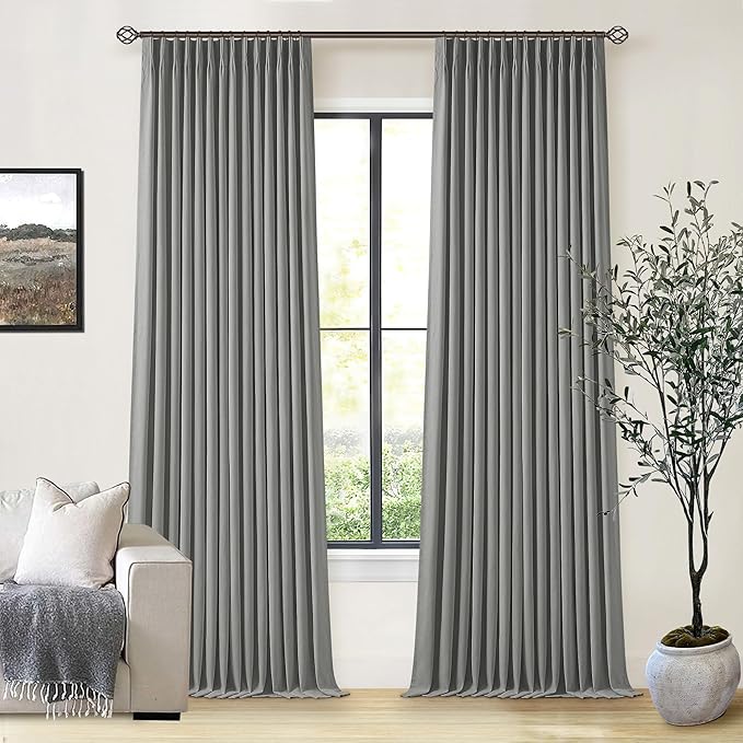 108 Inches Long Pinch Pleated Curtains Blackout for Bedroom Linen Pinch Pleat Curtains Rings Hooks Thermal Insulated Light Blocking Window Drapes Living Room Track 2 Panels Charcoal Stone Grey Gray