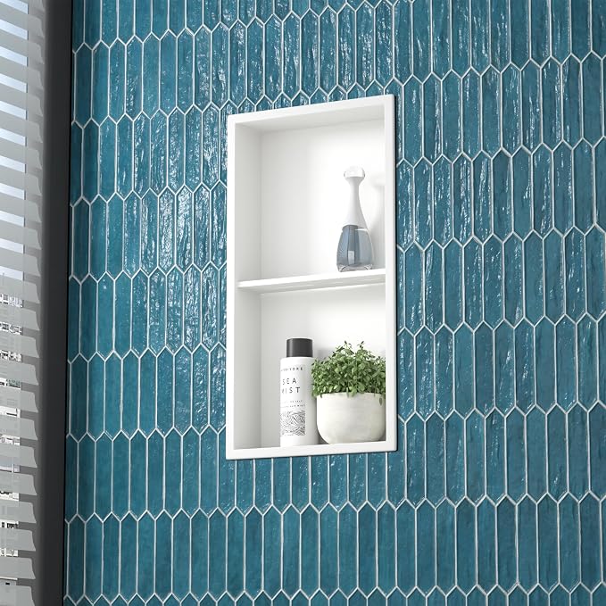 Stainless Steel Shower Niche 24" X 12" Matte White No Tile Needed Vertical Niche Shower with Two- Tier Shelves Recessed Wall Niches for Bathroom Storage Over Mount Installation