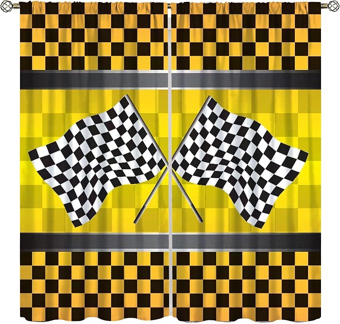 Race Car Blackout Curtain,Kid Boys Checkered Flag Motorsport Yellow Black Grid Print Window for Cafe Dining Room Office Living Room Kitchen Bedroom Drapes, 72x63 in