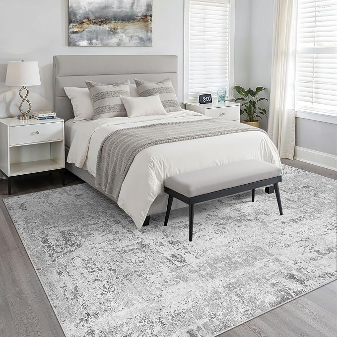 9x12 Area Rug Living Room: Washable Large Neutral Rug Abstract Soft Modern Stain Resistant Indoor Floor Non-Slip Carpet for Bedroom Nursery Kids Office Playroom Dining Room Under Table- Light Gray