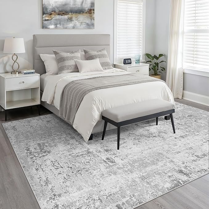 5x8 Area Rug Living Room: Washable Large Neutral Rug Abstract Soft Modern Stain Resistant Indoor Floor Non-Slip Carpet for Bedroom Nursery Kids Office Playroom Dining Room Under Table- Light Gray