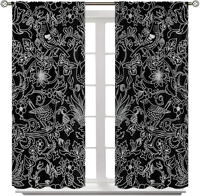 Bohemia William Morris Art Blackout Window Curtains, Vintage Flowers and Birds Dark Magic Forest Background, for Living Room Bedroom 36(W)*63(L) 2 Panels