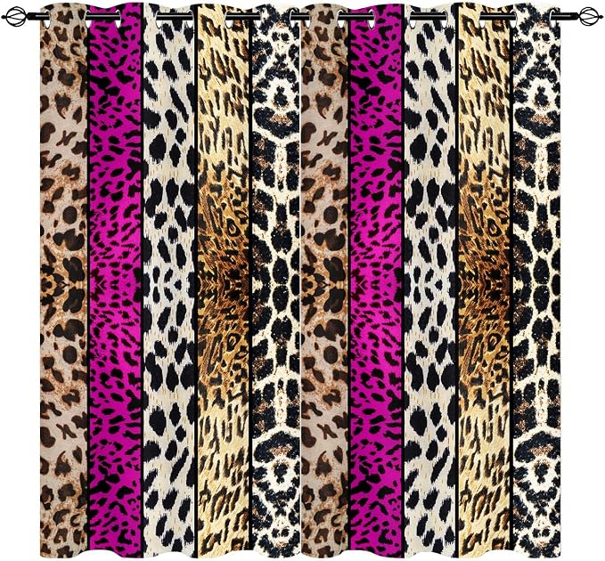 Wild Animal Print Curtain, Room Darkening Thermal Insulated Blackout Leopard Boa Window Drapes with Grommets for Living, Dining, Bedroom, Hot Pink Leopard Print, 42"x 63", 2 Panels