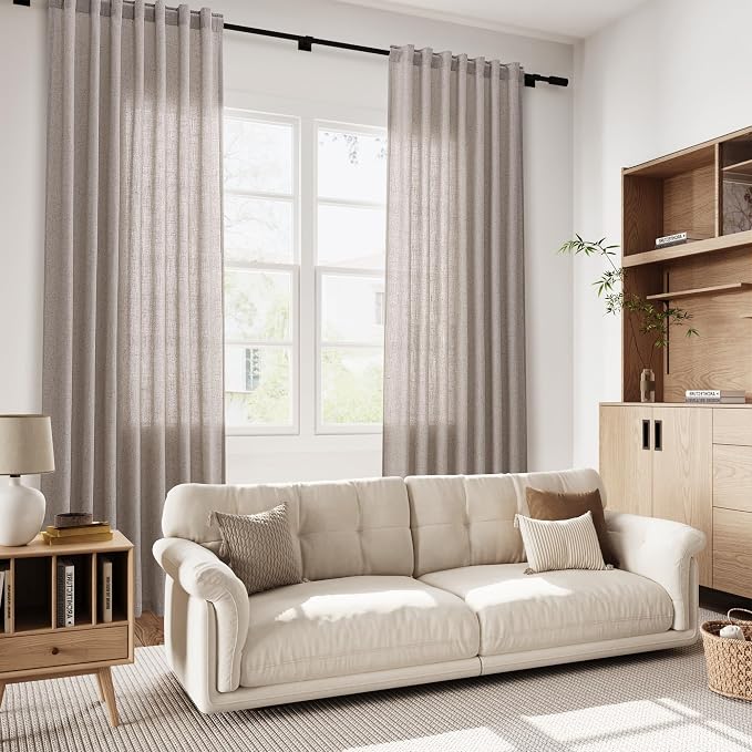 Nanspring Brownish Grey Linen Curtains for Living Room 95 Inches Long Back Tab Light Filtering Semi Sheer Curtain Modern Farmhouse Decor for Bedroom Office Luxury Textured Drapes 52x95, 2 Panels