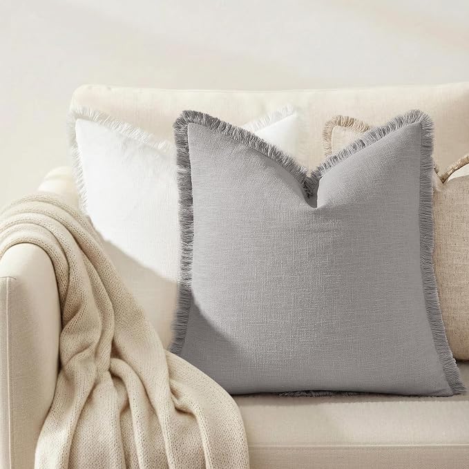 decorUhome Linen Fringe Throw Pillow Covers Set of 2 Decorative Light Grey Pillow Covers with Tassels Soft Accent Boho Farmhouse Pillow Cases for Couch Bed Sofa 20x20 Inch