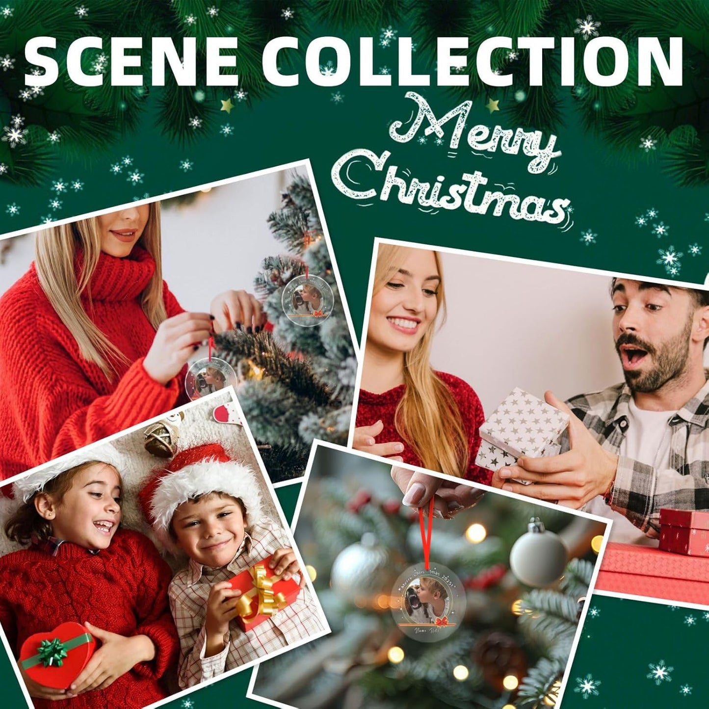 Personalized Christmas Ornaments, Custom Glass Ornament with Name/Photo/Text,Customized Christmas Tree Decor Gifts for Family, Dad, Mom, Him, Her, Couple, Red Ribbon