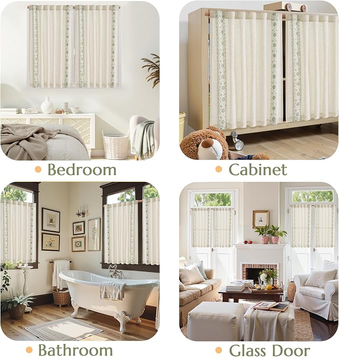 jinchan Green Floral Embroidered Short Linen Curtains 54×54 Inches 2 Panels | Light filtering, back tab, rod pocket, cafe curtains for kitchen bedroom living room, cottage farmhouse, small window