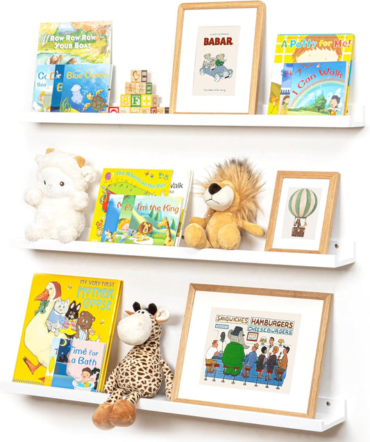 Picture Ledge Shelf for Wall, 36 inches Solid Pine Wood Nursery Book Shelves 3 Packs, Floating Ledge Shelves for Kids' Room Bedroom Bathroom Living Room Photo Frames Office Nursey Wall Decor, White