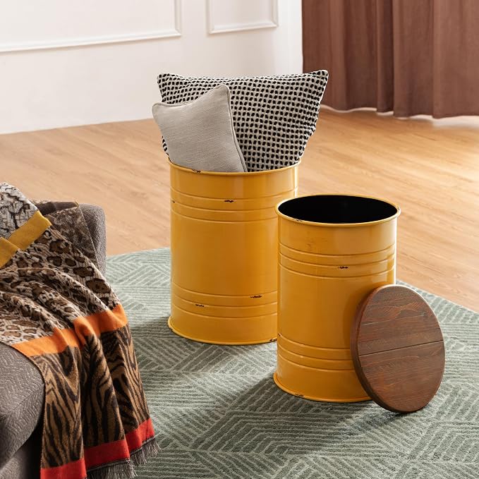 Glitzhome Rustic End Table Set of 2, Farmhouse Galvanized Metal Barrel Ottoman Storage Stool with Round Wood Lid for Living Room Furniture, Yellow