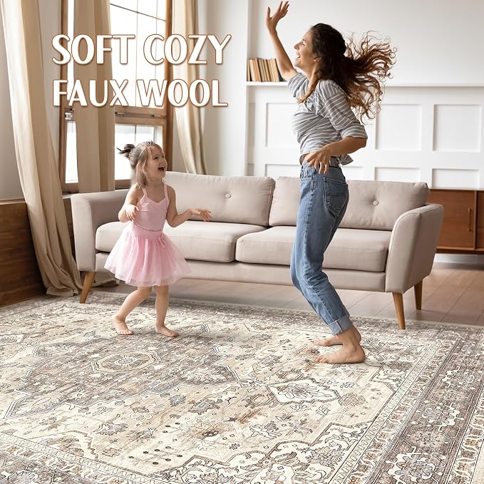 10x13 Area Rugs Living Room: Washable Boho Large Neutral Vintage Soft Rug Stain Resistant Farmhouse Non Slip Indoor Floor Carpet for Bedroom Nursery Kids Playroom Office Dining Room- Beige Brown