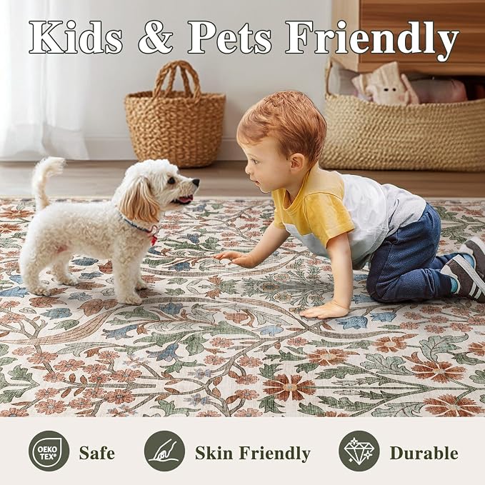 2x3 Washable Area Rug for Entryway Vintage Boho Floral Rug Non-Slip Low Pile Soft Faux Wool Small Carpet Kids and Pets Friendly for Bathroom Bedroom Kitchen Hallway Bedside Home Decor Rug Beige