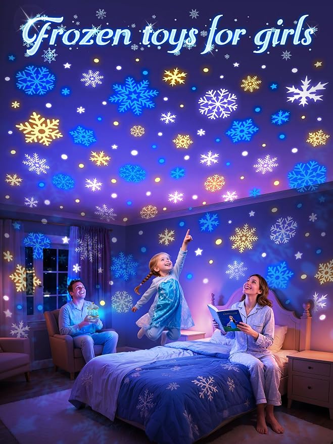 PIKOY Night Light Snow for Kids, 15 White Noise+16 Films+336 Colors Star Projector for Kids, 360°+Remote+Cordless Baby Night Light Projector, Princess Toys for Girls Room Decor Light