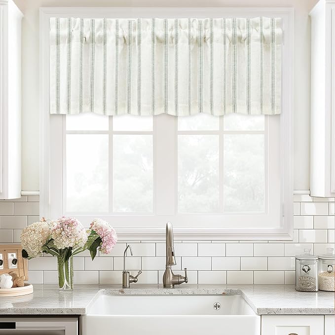 DriftAway Farmhouse Linen Lined Valance Double Layer Thermal Insulated Room Darkening Blackout Window Valances 3 Inch Rod Pocket Vertical Striped Kitchen Valance Single 52 Inch by 18 Inch Loden Green
