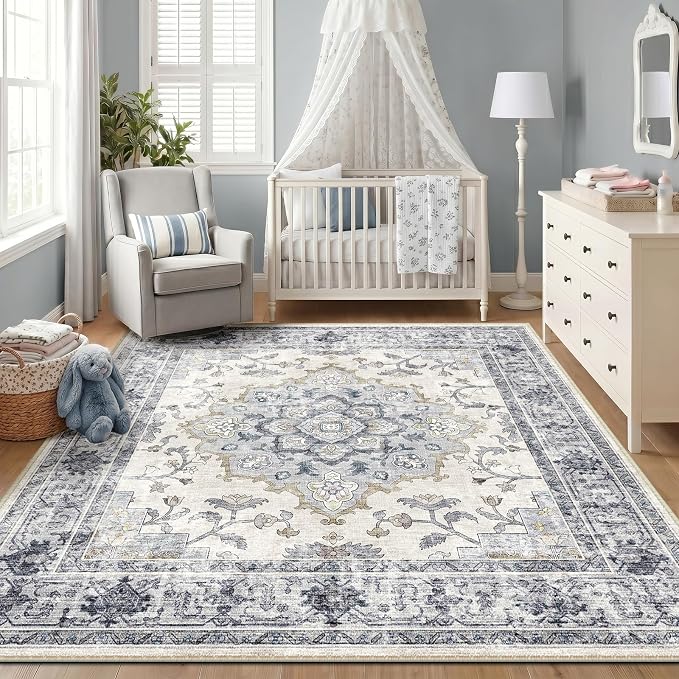 CAPALOCA Machine Washable Rugs Nursery Rug 9x12 Area Rugs Girl Non Slip Low Pile Water Repellent Soft Print Pattern for Bedroom Indoor Decor Kids Playroom Blue White