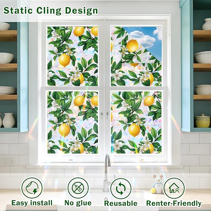Stained Glass Window Film, Rainbow Privacy, One Way Decorative Tint, Static Cling, Renter Friendly for Home Bathroom Door