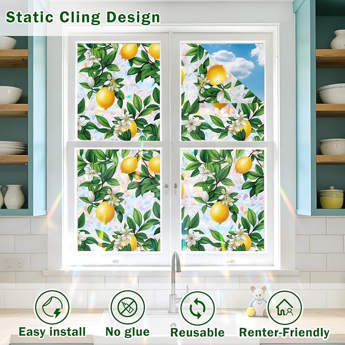 Stained Glass Window Film, Rainbow Privacy, One Way Decorative Tint, Static Cling, Renter Friendly for Home Bathroom Door