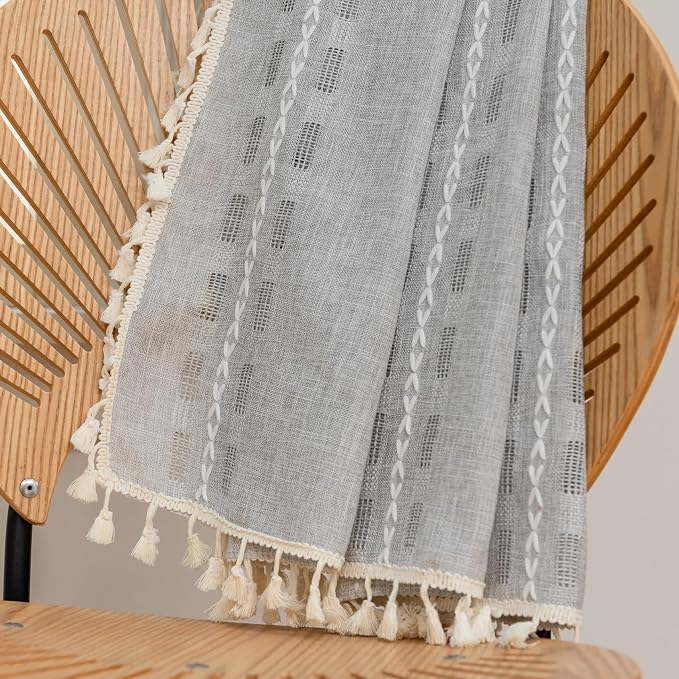 Deeprove Silver Grey Boho Curtain 96 inches Length for Living Room Bedroom Nursery Doorway, Sheer Bohemian 96 inches Long, Stripe Embroidery Privacy Window Fringe Christmas Decor W52 x L96, 1 Panel