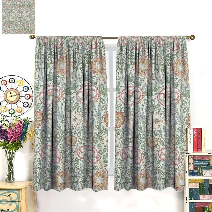 William Morris Floral Window Curtains, Watercolor Vintage Flower Art Style Blackout Window Treatments, for Bedroom Living Room 36(W)*63(L) 2 Panels