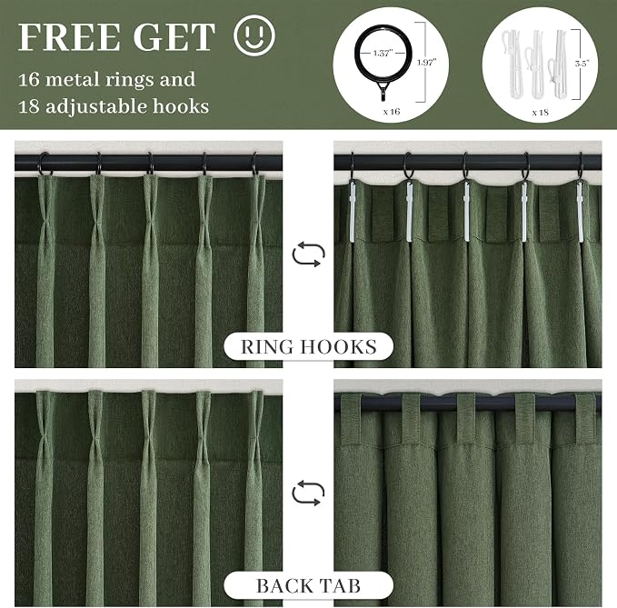 Olive Green Pleat Memory Shape Linen Curtains 90 Inch Length 2 Panels for Living Room, Cottagecore Farmhouse Loden Light Filtering Moss Office at Home Sheer Curtains 40"x90" Long