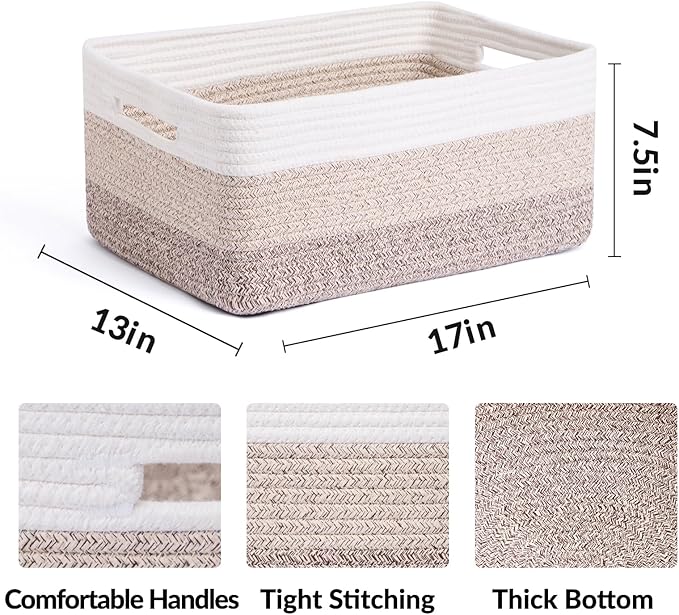 MiniArk Large Storage Baskets for Shelves, Closet Organizers Bins for Clothes Blanket Towels, Baby Nursery, Toy Baskets Box, Woven Rope Baskets, 17 x 13 x 7.5”, 2 Packs Gradient Brown