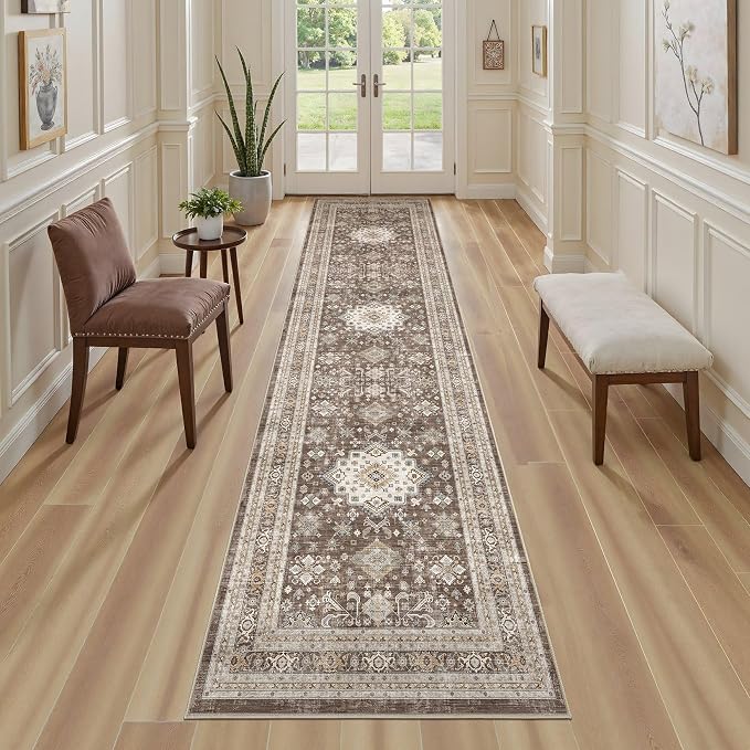 Vintage Hallway Runner Rug 2x6: Large Soft Washable Entryway for Kitchen Laundry Room Non-Slip Backing Runner for Entrance Living Room Bedroom Bathroom - Dark Brown