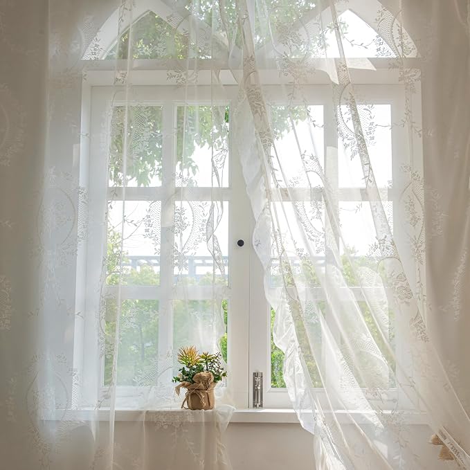 Sutuo Home Ivory Lace Curtains for Bedroom Living Room 72 Inches Long, Vintage Embroidered Floral Rose Sheer Curtains, Privacy Farmhouse Windows Treatment Pair, Rod Pocket, W57 x L72