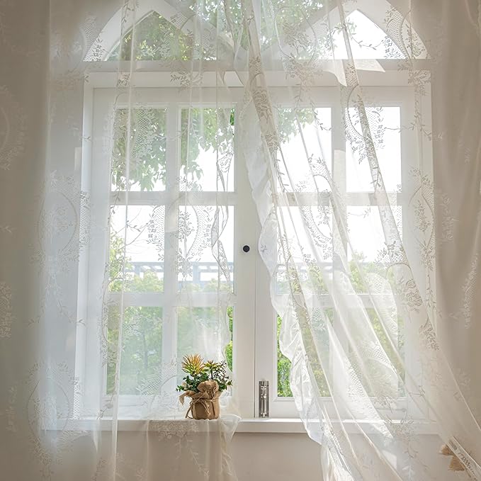 Sutuo Home Ivory Lace Curtains Set of 2, Sheer Panels 63 Inch Length Rose Floral Embroidery Vintage Voile Window Treatment Pair for Bedroom Living Room, Shabby Chic Decor Rod Pocket, W57 x L63