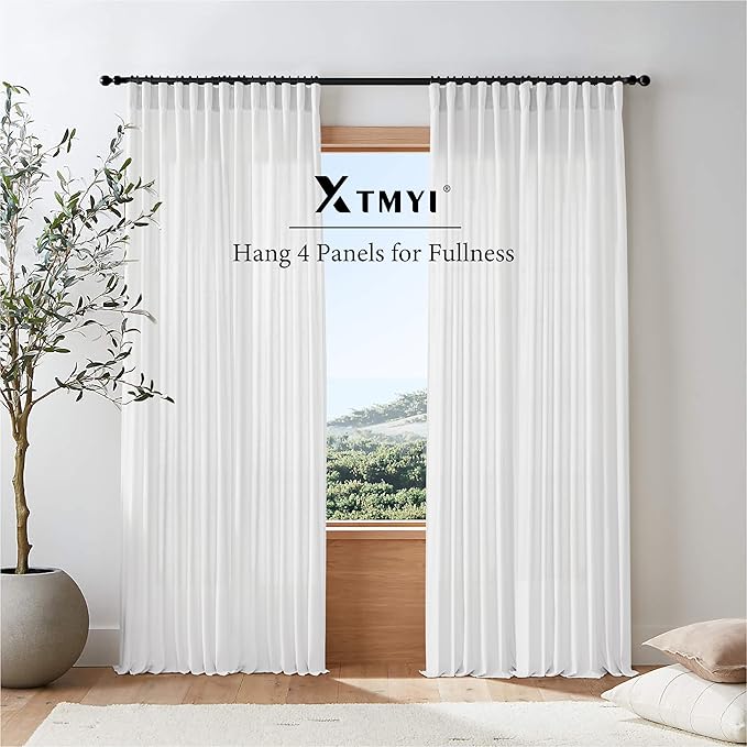 XTMYI 105 Inch White Cotton Linen Curtains 2 Panels Set Custom Length Back Tab Window Sheer Curtain Drapes for Living Room Bedroom,50x105 in Long