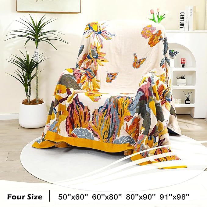VANJOROY Boho Large Throw Blanket for Bed Couch, 100% Organic Cotton Soft Queen Throw-Floral Butterfly Decor Fall Blanket for Sofa Quilt and Gift, 80" x 90"-Beige