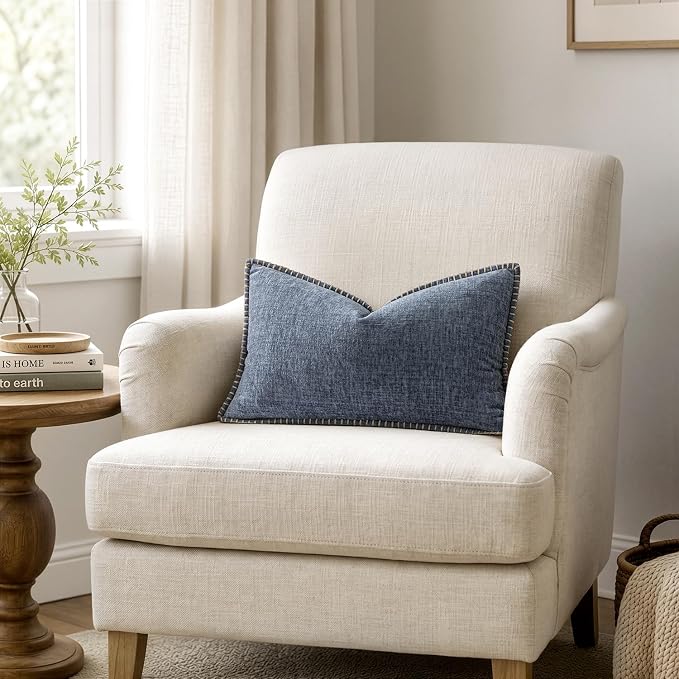 MIULEE Pack of 2 Lumbar Throw Pillow Covers 12x20 Inch Dark Grey Blue Farmhouse Decorative Pillow Covers with Stitched Edge Soft Chenille Solid Dyed Pillow Covers for Couch Sofa Bed Living Room