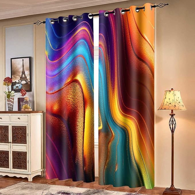 Colourful Fluid Curtains Modern Art Theme Abstract Blackout Drapes Nordic Design Stained Rainbow Glass Fluid Window Drapes for Bedroom Living Room Guest Room 2Panel 42x84inch CLOKMS0181