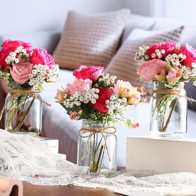 Zeyune 6 Sets Mason Jar Centerpiece Table Decorations, Artificial Peony Baby's Breath Flower Bouquets, Faux Flowers with Vase, Rustic Decor Gifts for Home, Wedding, Holiday (Pink Mix)