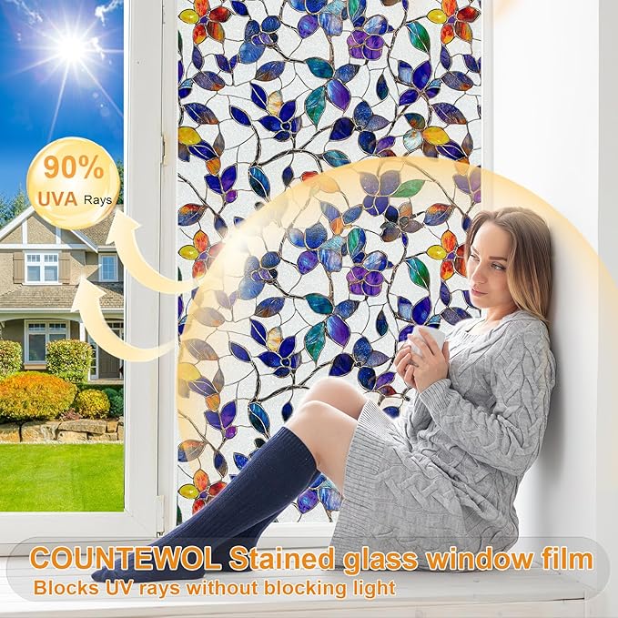 COUNTEWOL Window Privacy Film with Installation Tools Home Decorative Colored Glass Window Stickers Reusable electrostatic Rainbow Stickers (Frosted Stained Leaf, 23.6 x 78.7 in)