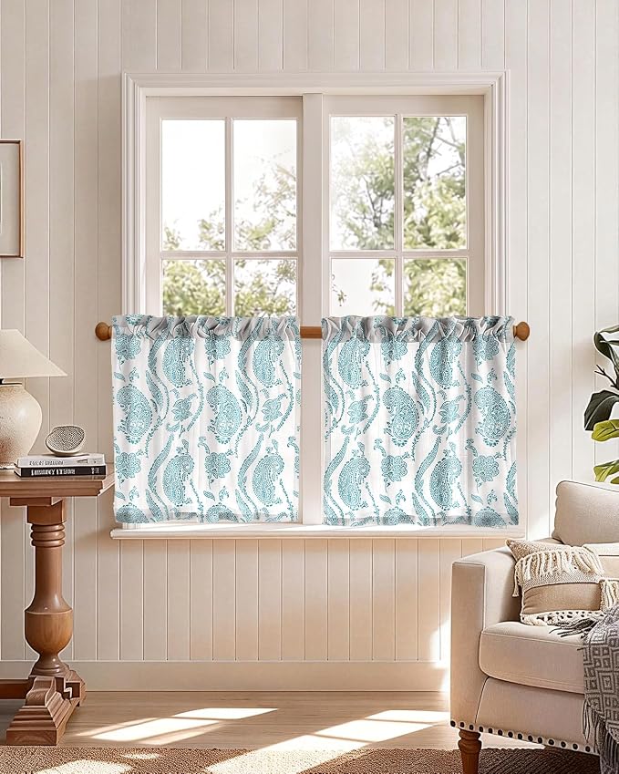 Miss Adola Farmhouse Kitchen Tier Curtains - 24 Inch Length Linen Blend Floral Cafe Curtains Blue Small Window Treatments Over Sink Rod Pocket for Bathroom Living Room Light Filtering, 2 Panels