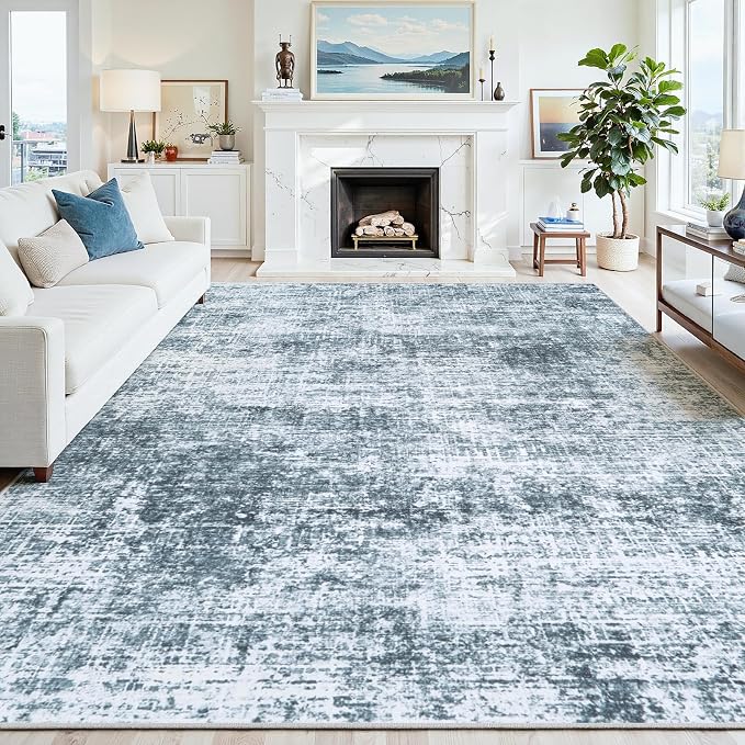 10x12 Area Rugs Washable Rug: Anti-Skid Abstract Modern Living Room Rug Soft Thin Carpets Indoor Floor Non-Shedding Carpet for Bedroom Dining Nursery Home Office (Light Slate Blue/White,10'x12')